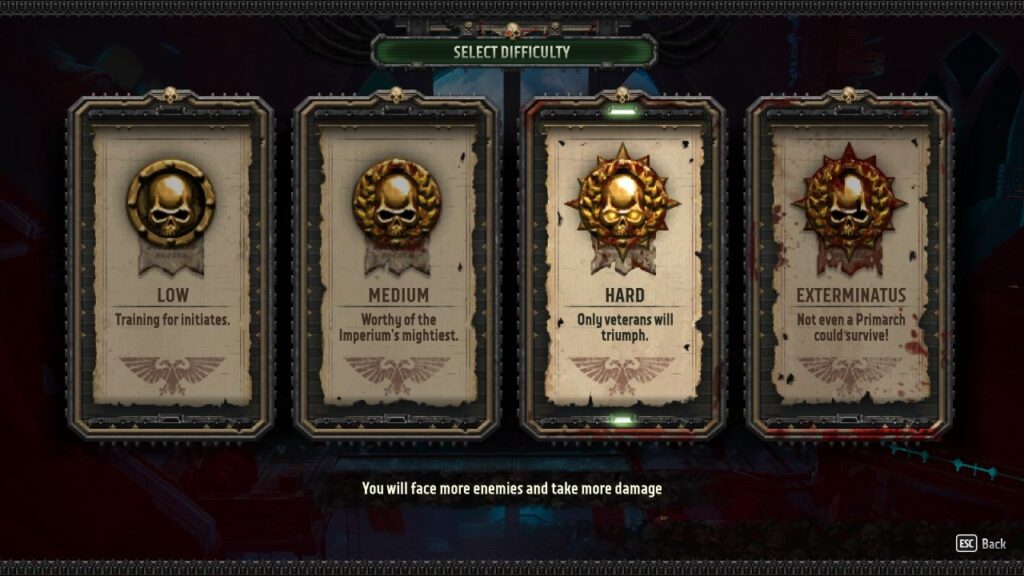 Wybór poziomu trudności w grze Warhammer 40,000: Boltgun 2